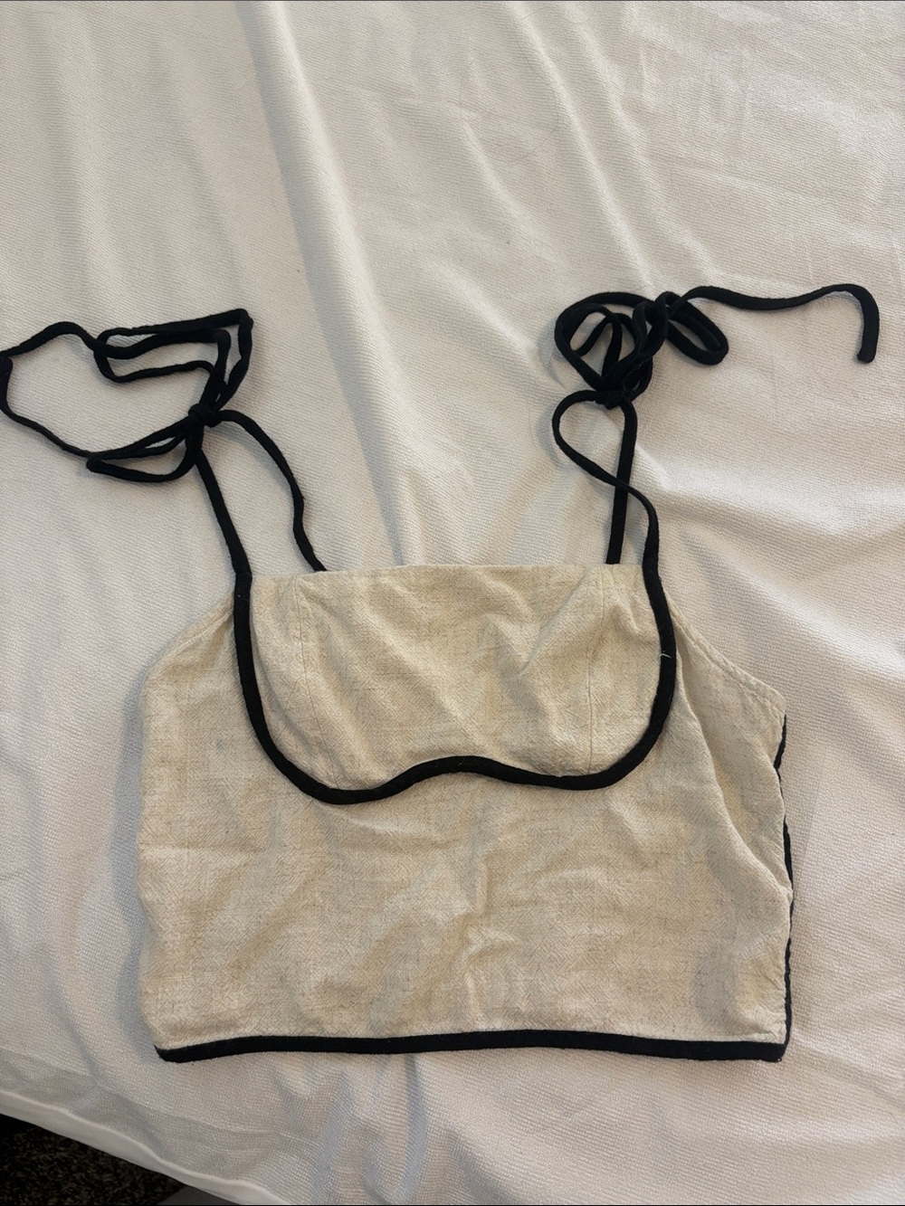 ILLA ILLA Cream Terry Tie-Shoulder Crop Top with Black Trim